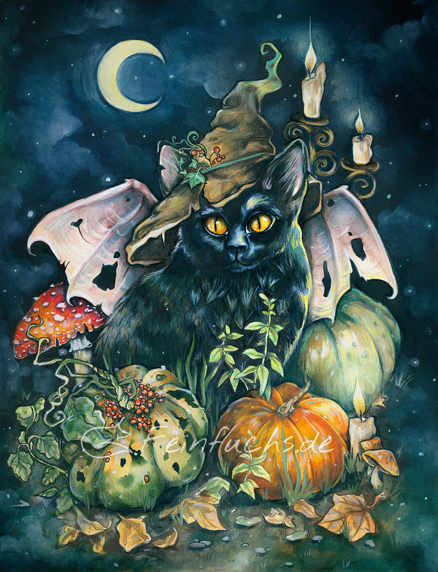 Halloween Mini Kunstdruck, Hexen Katze, Fledermaus, Kürbis