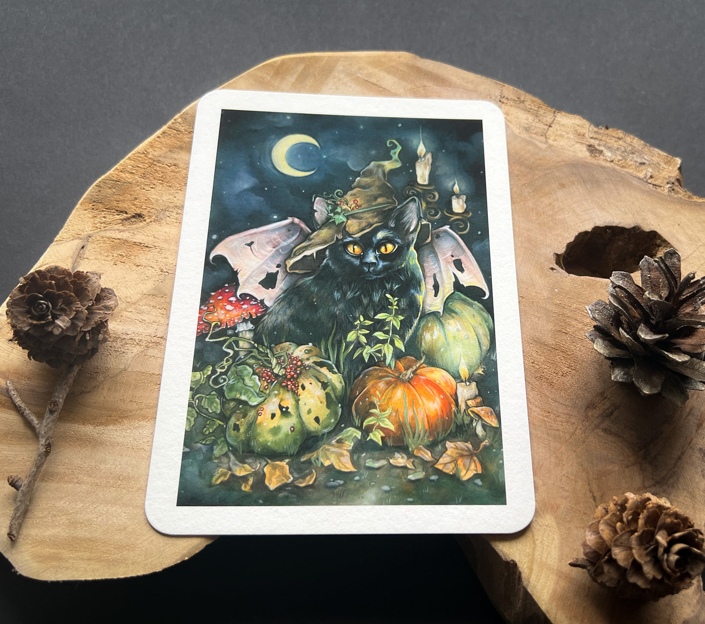 Halloween Mini Kunstdruck, Hexen Katze, Fledermaus, Kürbis