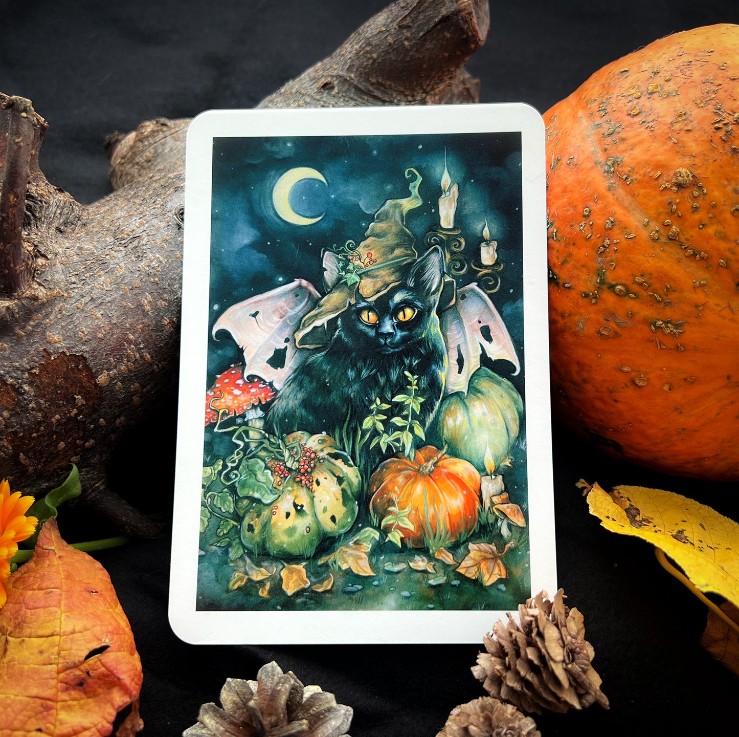 Halloween Mini Kunstdruck, Hexen Katze, Fledermaus, Kürbis