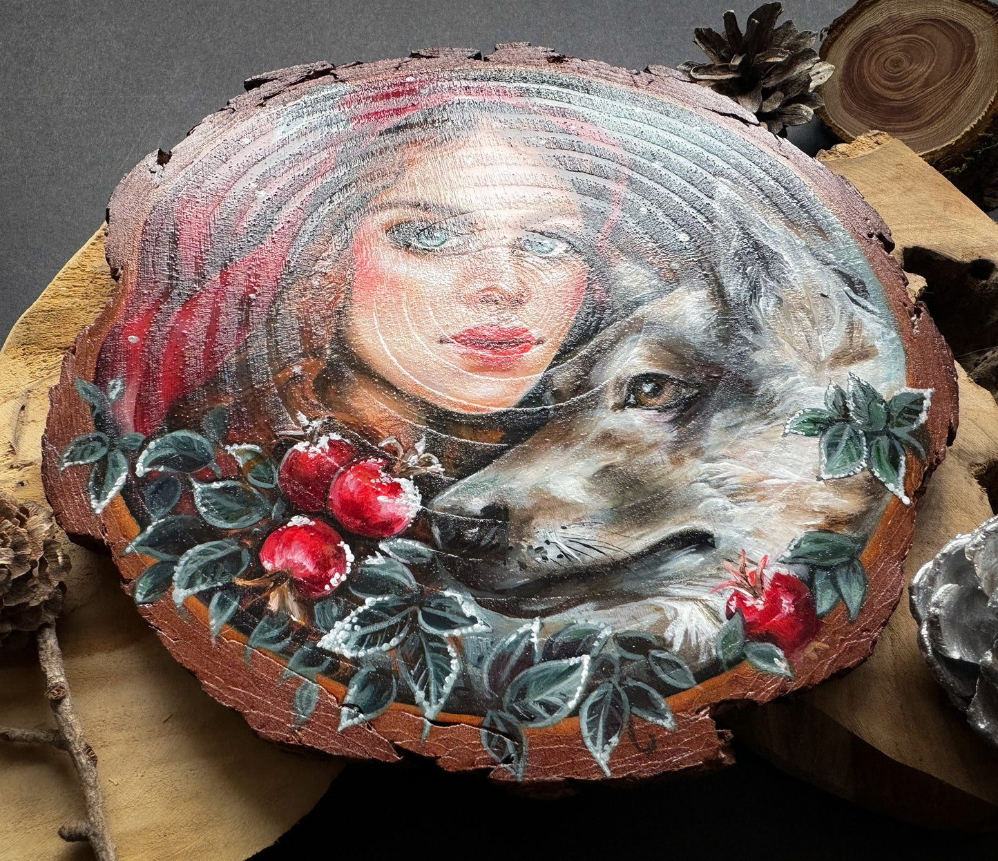 Handbemalte Holzscheibe Rotkäppchen