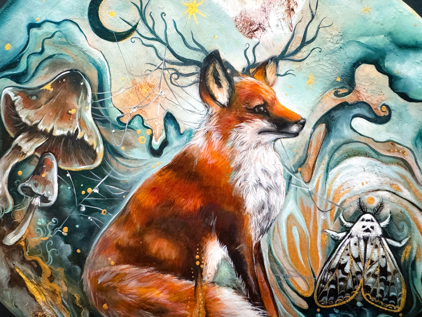 Handbemalte Holzscheibe magischer Fuchs