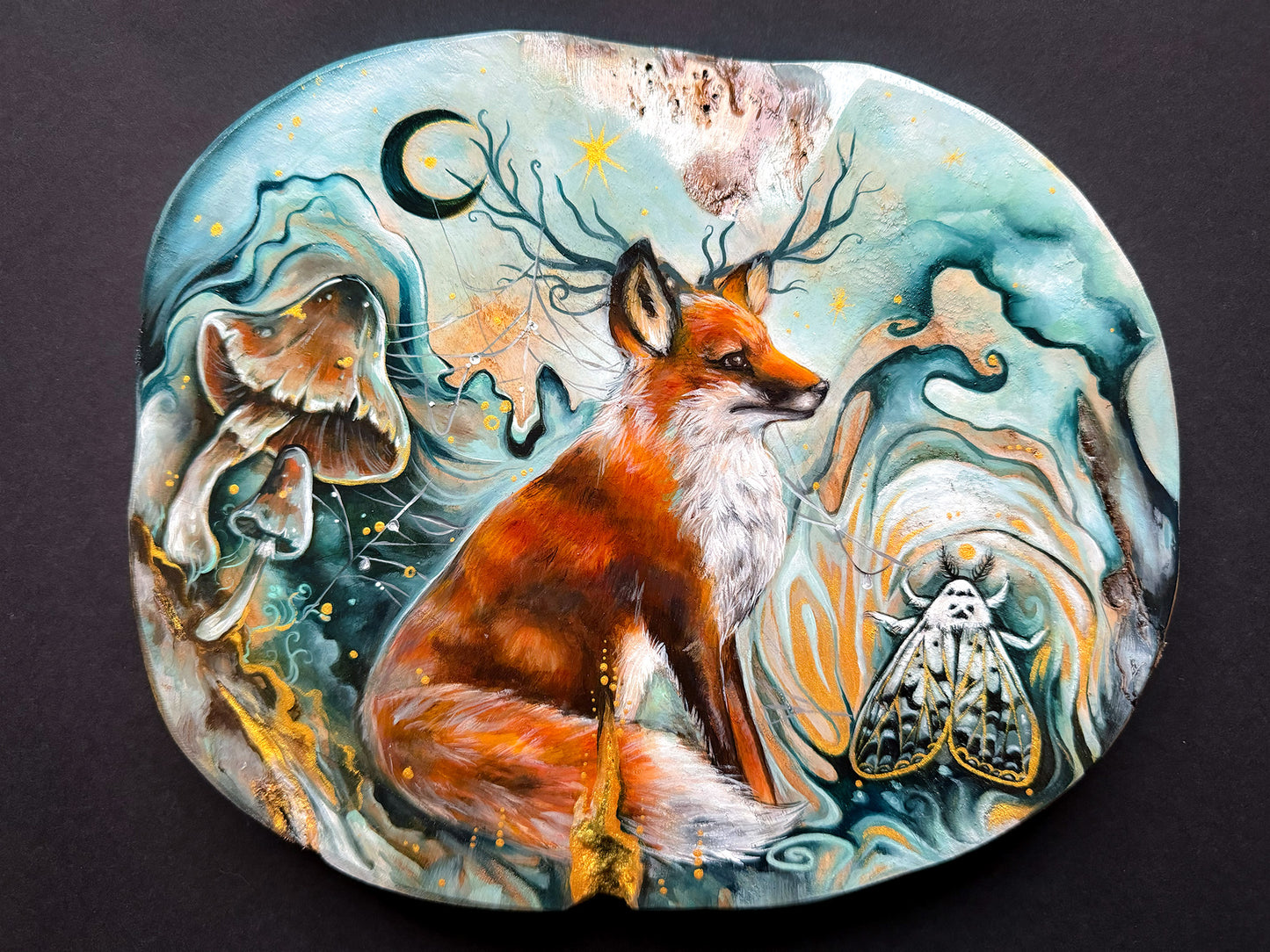 Handbemalte Holzscheibe magischer Fuchs