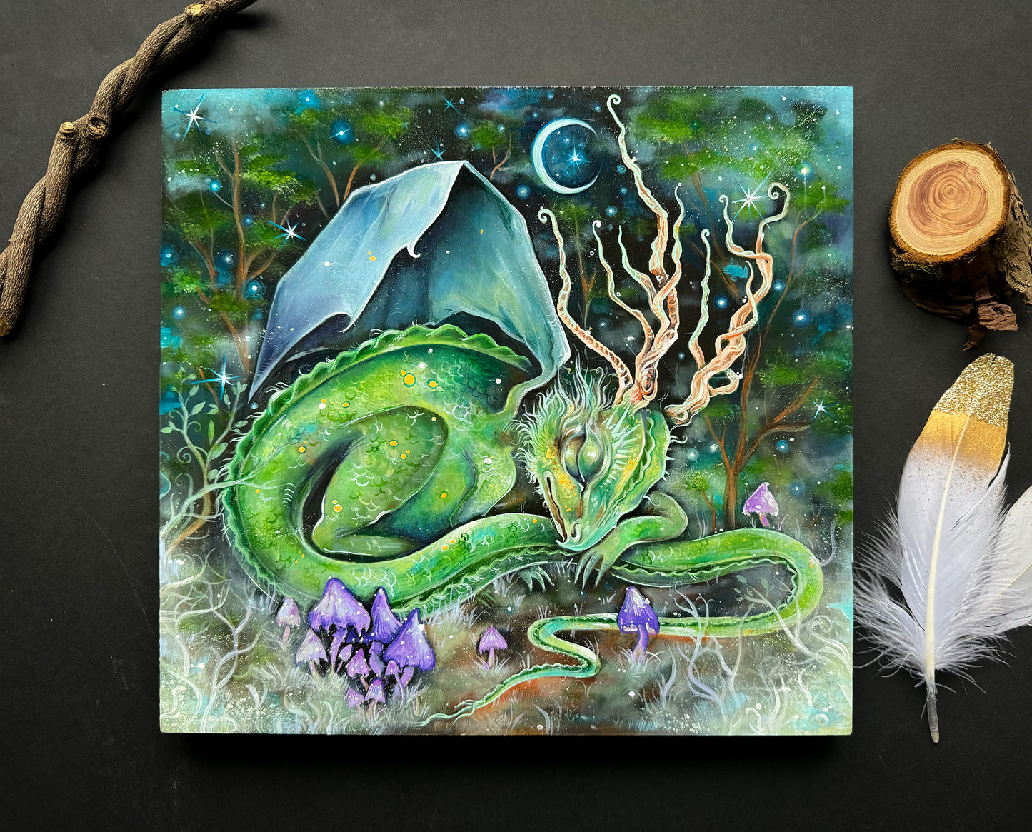Handbemalte Holzplatte Drache