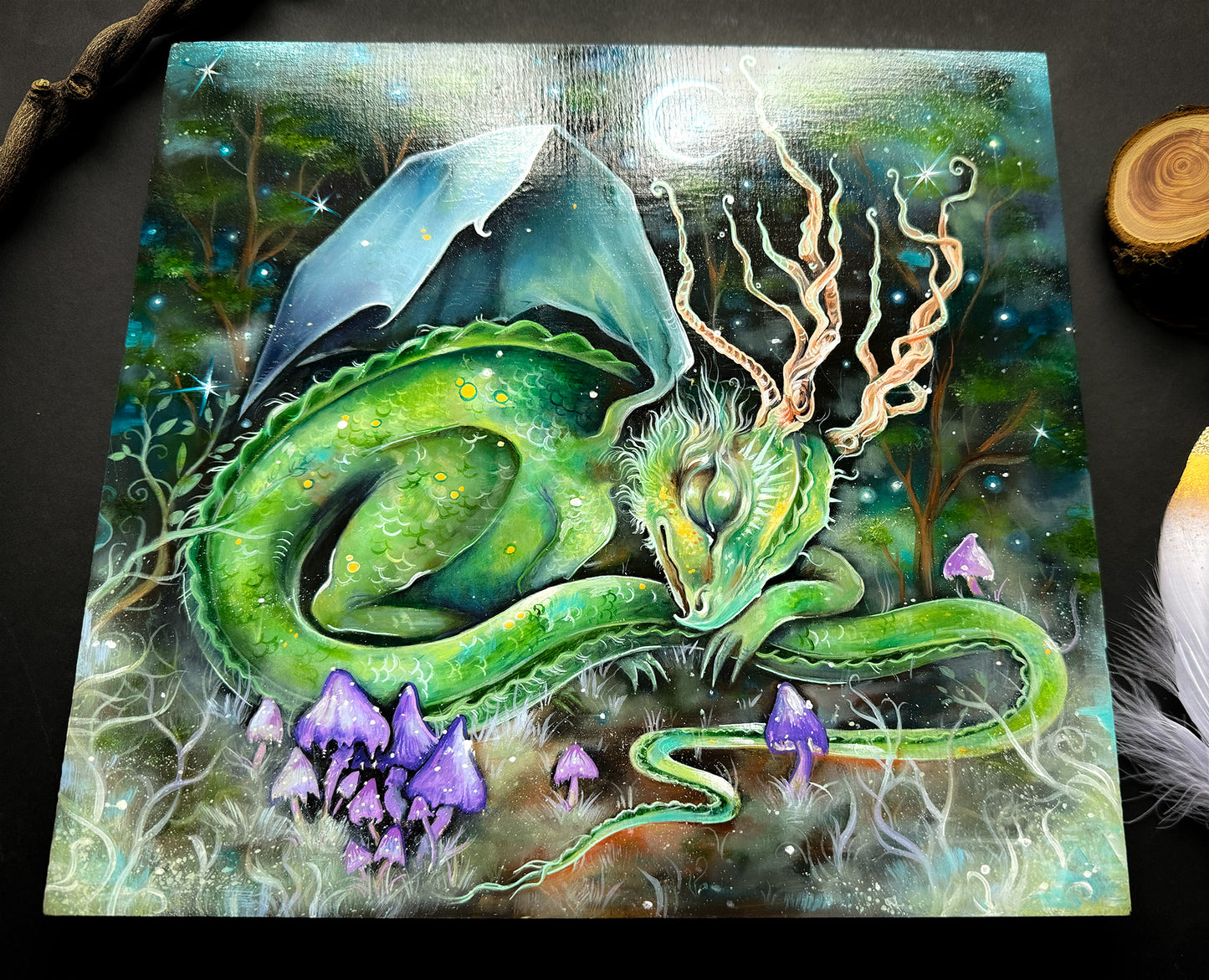 Handbemalte Holzplatte Drache