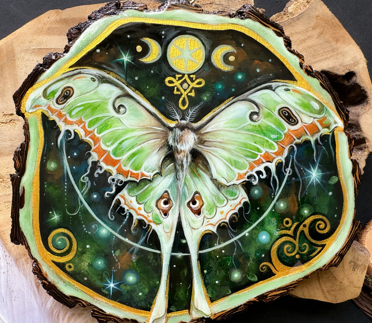 Motte, Schmetterling, handbemalte Holzscheibe