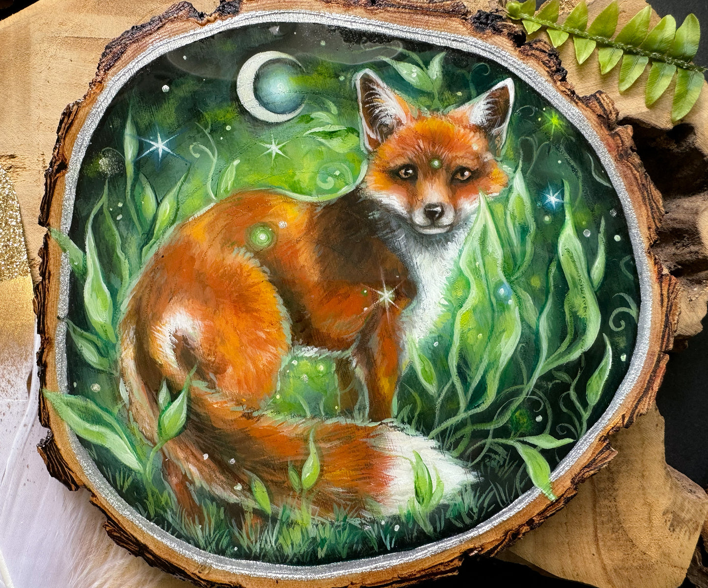 Fairy Fox, handbemalte Holzscheibe