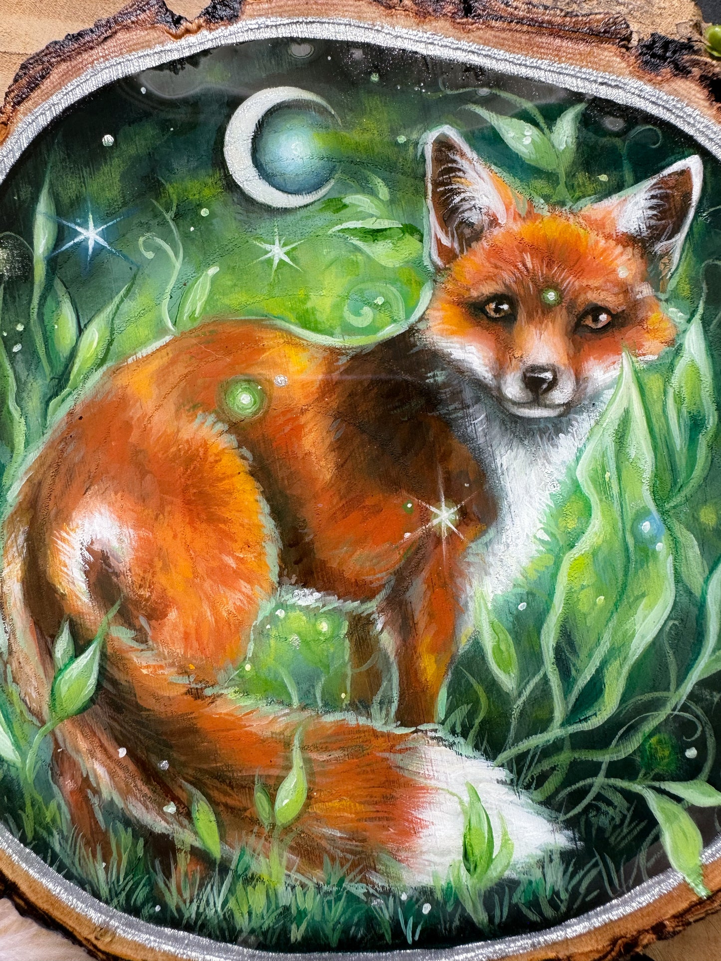 Fairy Fox, handbemalte Holzscheibe