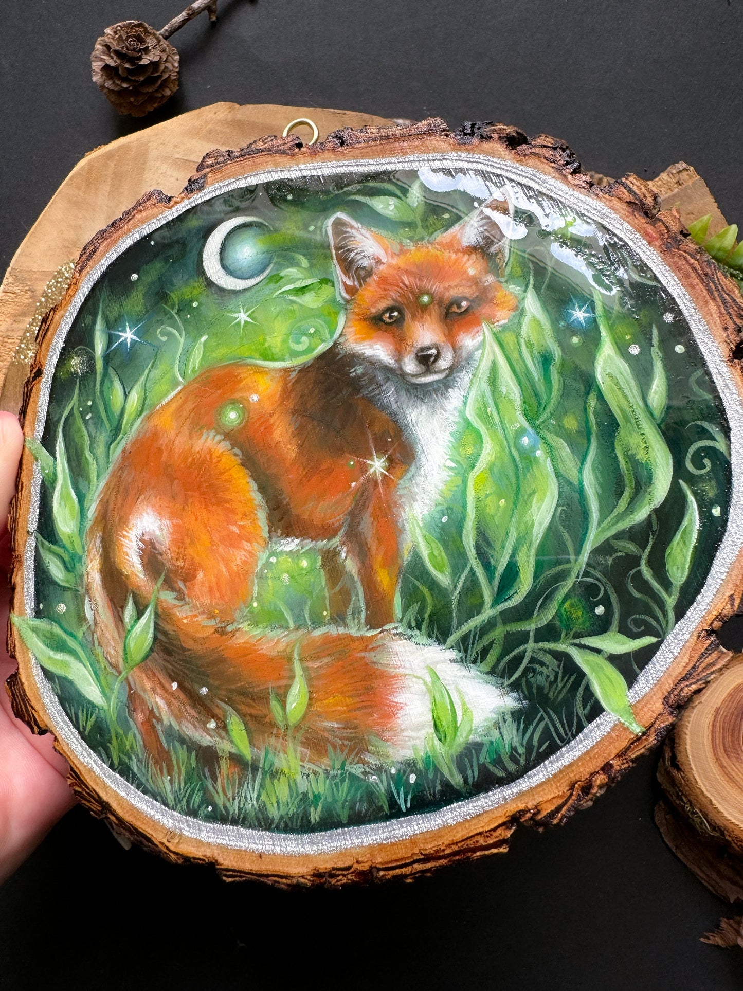 Fairy Fox, handbemalte Holzscheibe