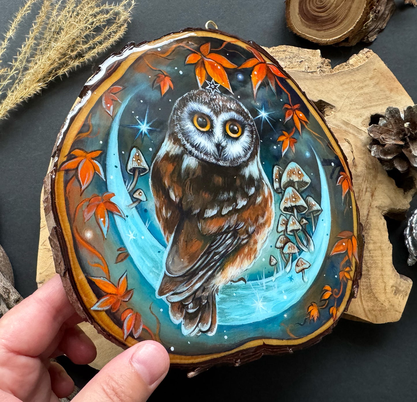 Handbemalte Holzscheibe Eule