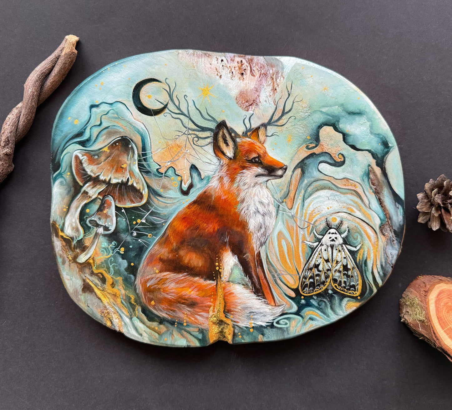 Handbemalte Holzscheibe magischer Fuchs