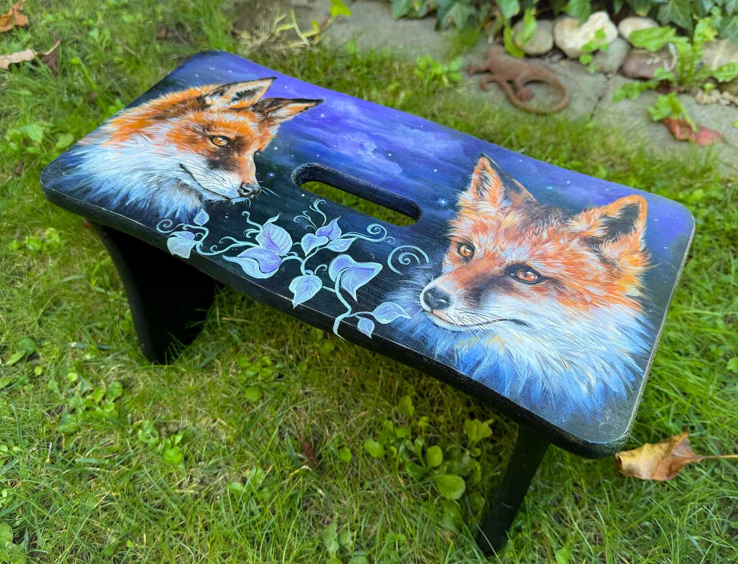 Handbemalter Holzschemel mit Fuchs-Motiv – einzigartiger kleiner Hocker