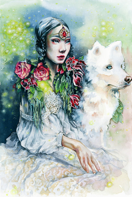 Portrait einer Frau mit Blumen und Wolf