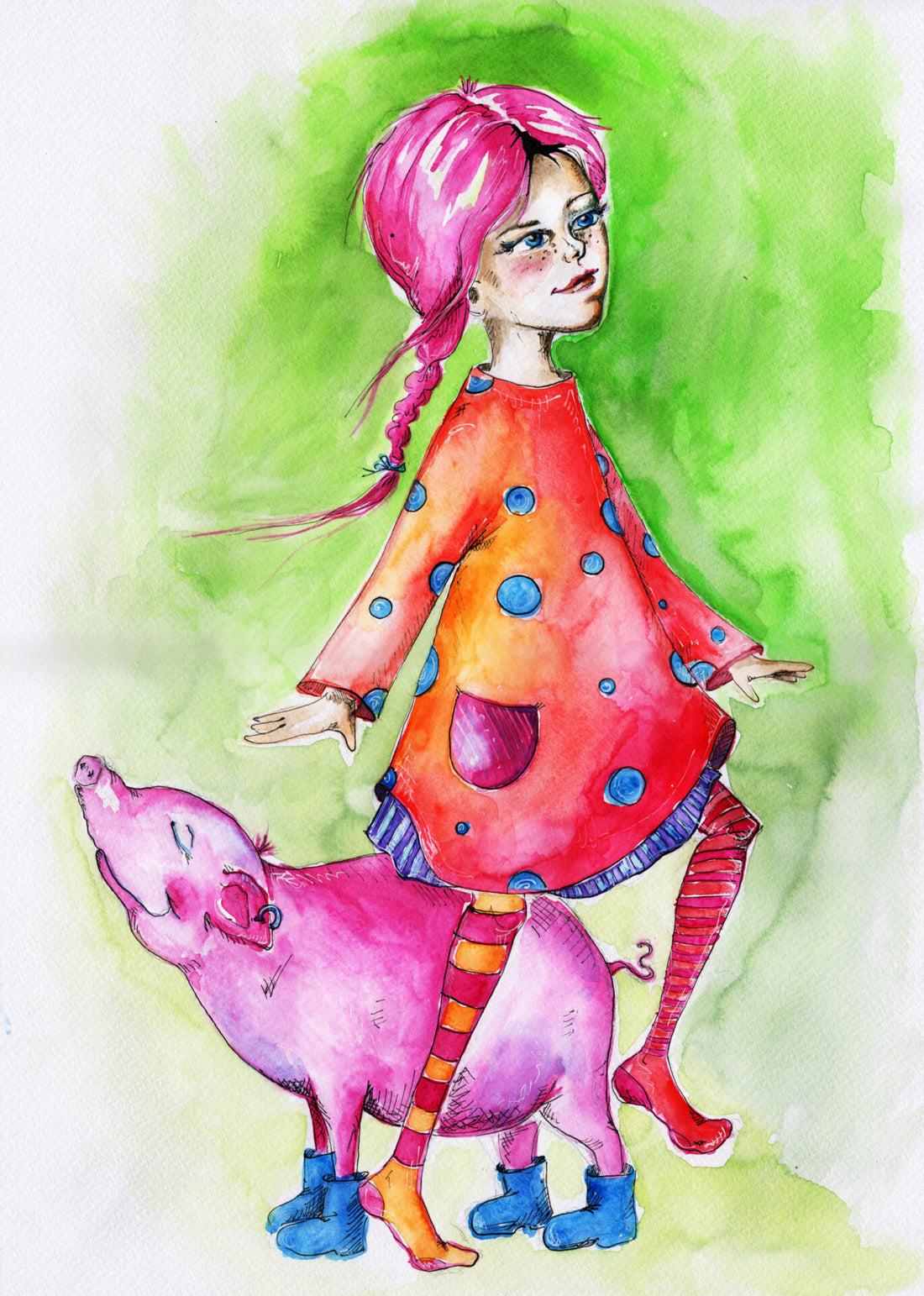 Mädchen mit rosa Haaren und bunten Klamotten hüpft neben einem glücklichen Schweinchen