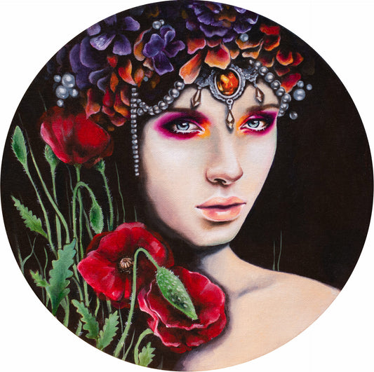 Portrait einer Frau mit Kopfschmuck, Blumen, Mohn