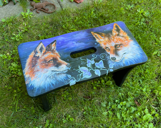 Handbemalter Holzschemel mit Fuchs-Motiv – einzigartiger kleiner Hocker